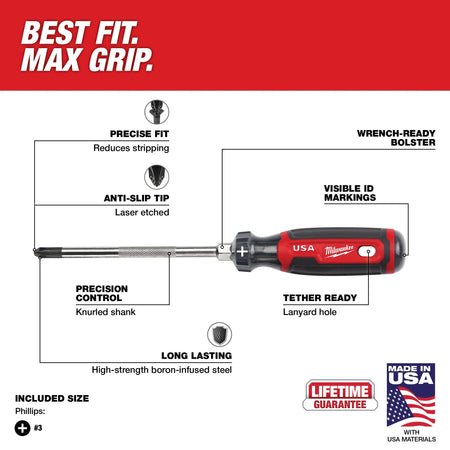 Milwaukee MT203, #3 Phillips 6" Cushion Grip Screwdriver (USA)