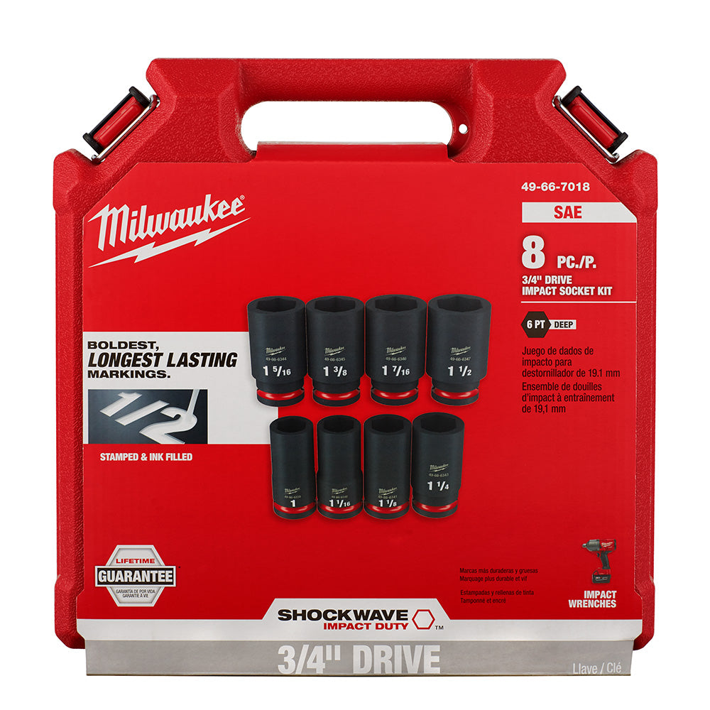 Milwaukee 49-66-7018, 3/4" Drive SHOCKWAVE Impact Duty SAE Deep 6 Point Socket Set - 8 Piece