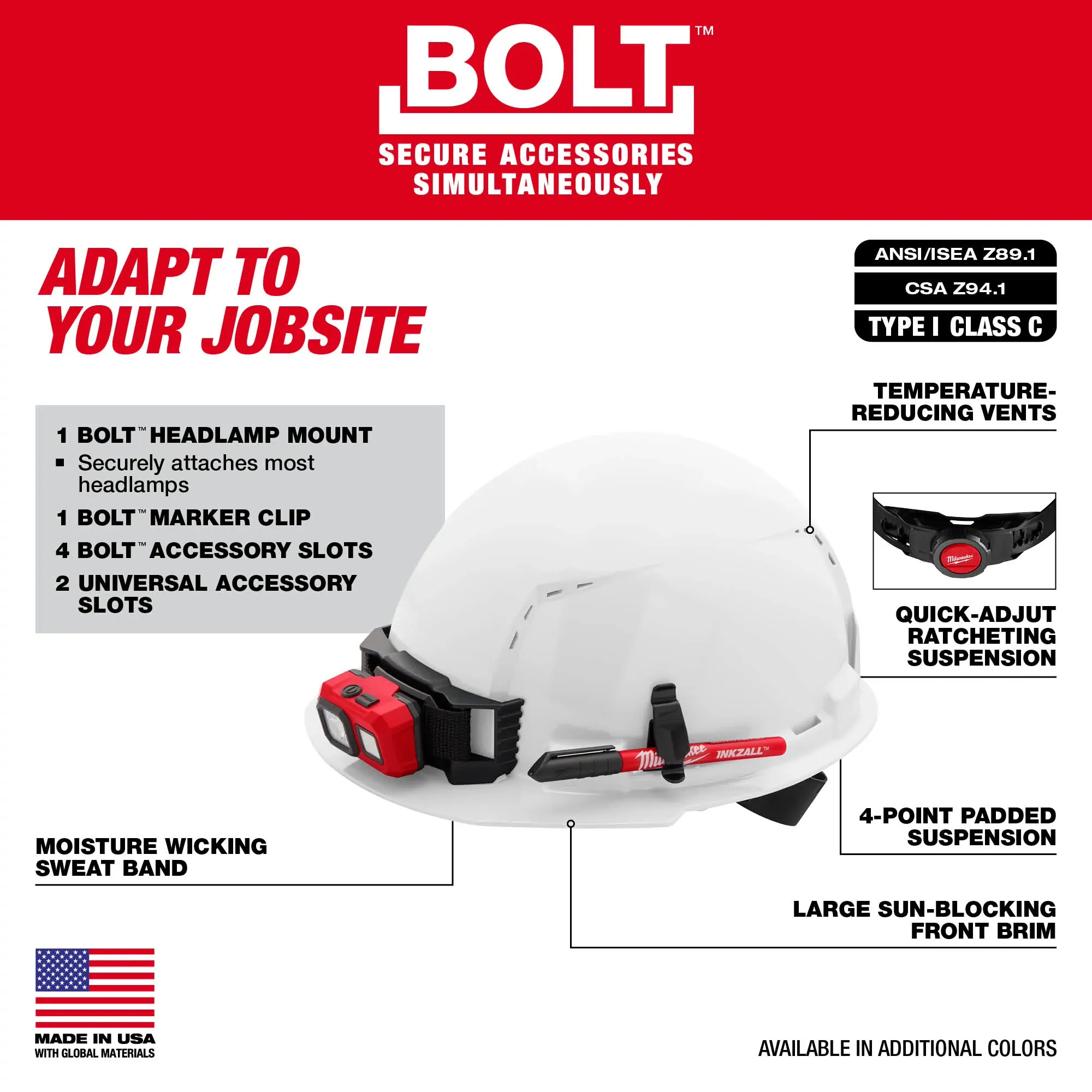 Milwaukee 48-73-1200, BOLT™ White Front Brim Vented Hard Hat w/4pt Ratcheting Suspension (USA) - Type 1, Class C