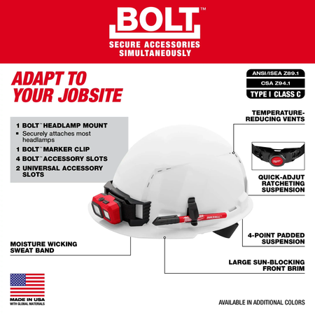 Milwaukee 48-73-1200, BOLT™ White Front Brim Vented Hard Hat w/4pt Ratcheting Suspension (USA) - Type 1, Class C