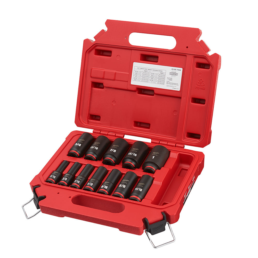 Milwaukee 49-66-7006, 3/8" Drive SHOCKWAVE Impact Duty SAE Deep 6 Point Socket Set - 12 Piece