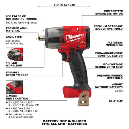 Milwaukee 2962-20, M18 FUEL 1/2" Mid-Torque Impact Wrench w/ Friction Ring (Tool Only)