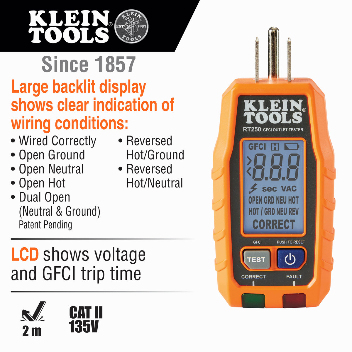 Klein Tools RT250, GFCI Receptacle Tester with LCD