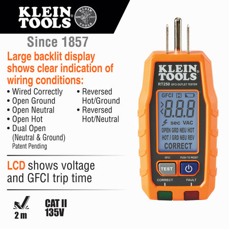 Klein Tools RT250, GFCI Receptacle Tester with LCD