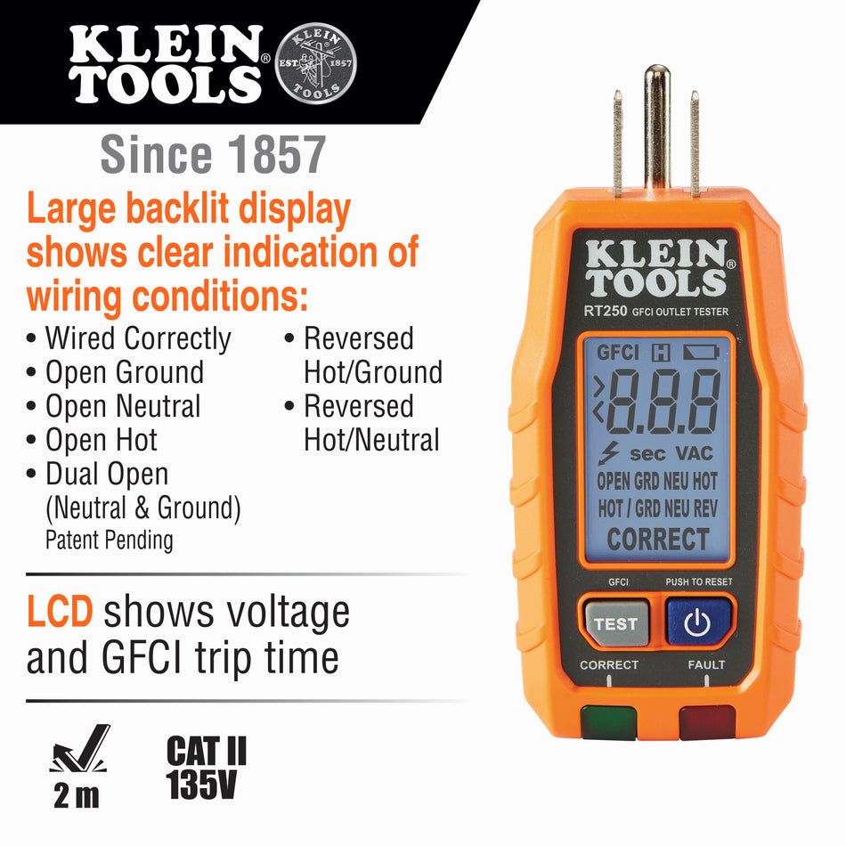 Klein Tools RT250, GFCI Receptacle Tester with LCD