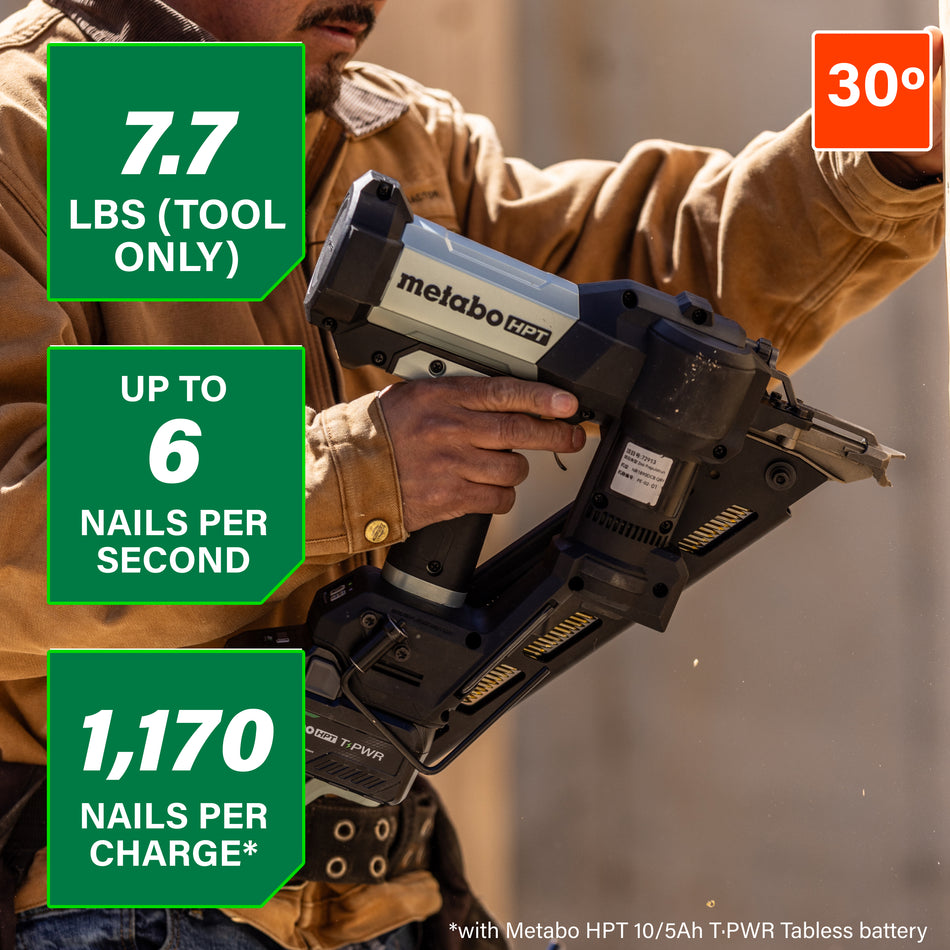 Metabo HPT NR1890DCBQRY, 18V 30° Cordless Pneumatic 3-1/2" Framing Nailer (1 x 10Ah T-PWR Tabless Battery)