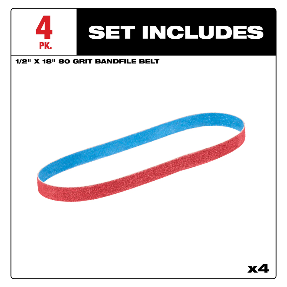 Milwaukee 48-80-9080, 1/2” x 18” 80 Grit Bandfile Belts – 4 pack