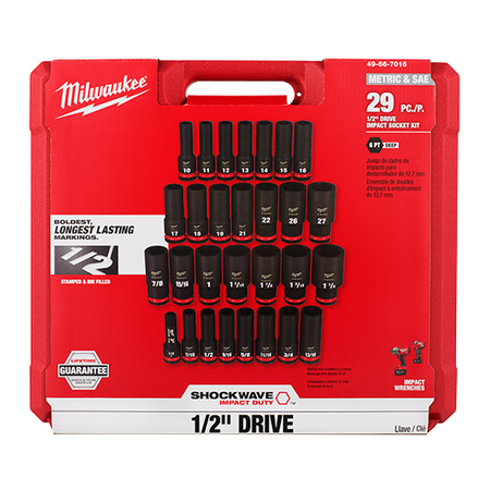 Milwaukee 49-66-7016, 1/2" Drive SHOCKWAVE Impact Duty SAE & Metric Deep 6 Point Socket Set - 29 Piece