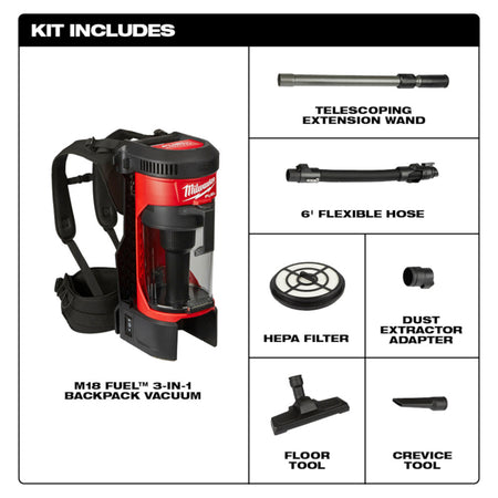 Milwaukee 0885-20, 3-in-1 Backpack Vacuum (Tool Only)