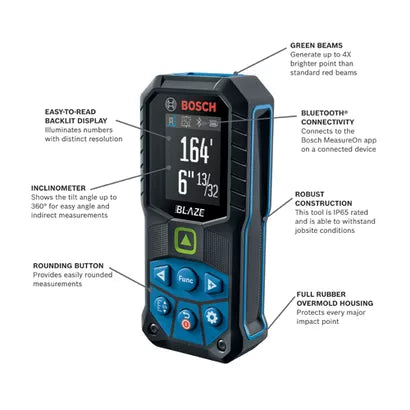 BOSCH GLM165-27CGL, BLAZE™ Connected Green-Beam 165 Ft. Laser Measure with (1) 3.7V Lithium-Ion 1.0 Ah Battery
