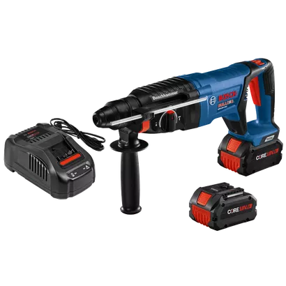 BOSCH GBH18V-26DK24, 18V Brushless 1" SDS-plus® D-Handle Rotary Hammer w/ (2) 8.0 Ah CORE Performance Batteries