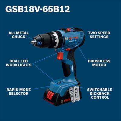 BOSCH GSB18V-65B12, 1/2 In. Brushless Hammer Drill/Driver (Kit)