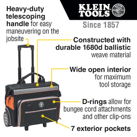 Klein Tools 55452RTB, Tool Bag, Tradesman Pro™ Rolling Tool Bag, 24 Pockets, 19-Inch