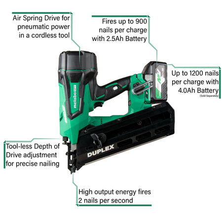 Metabo HPT NR3675DD, MultiVolt 36V 3-1/2" 21° Cordless Duplex Nailer