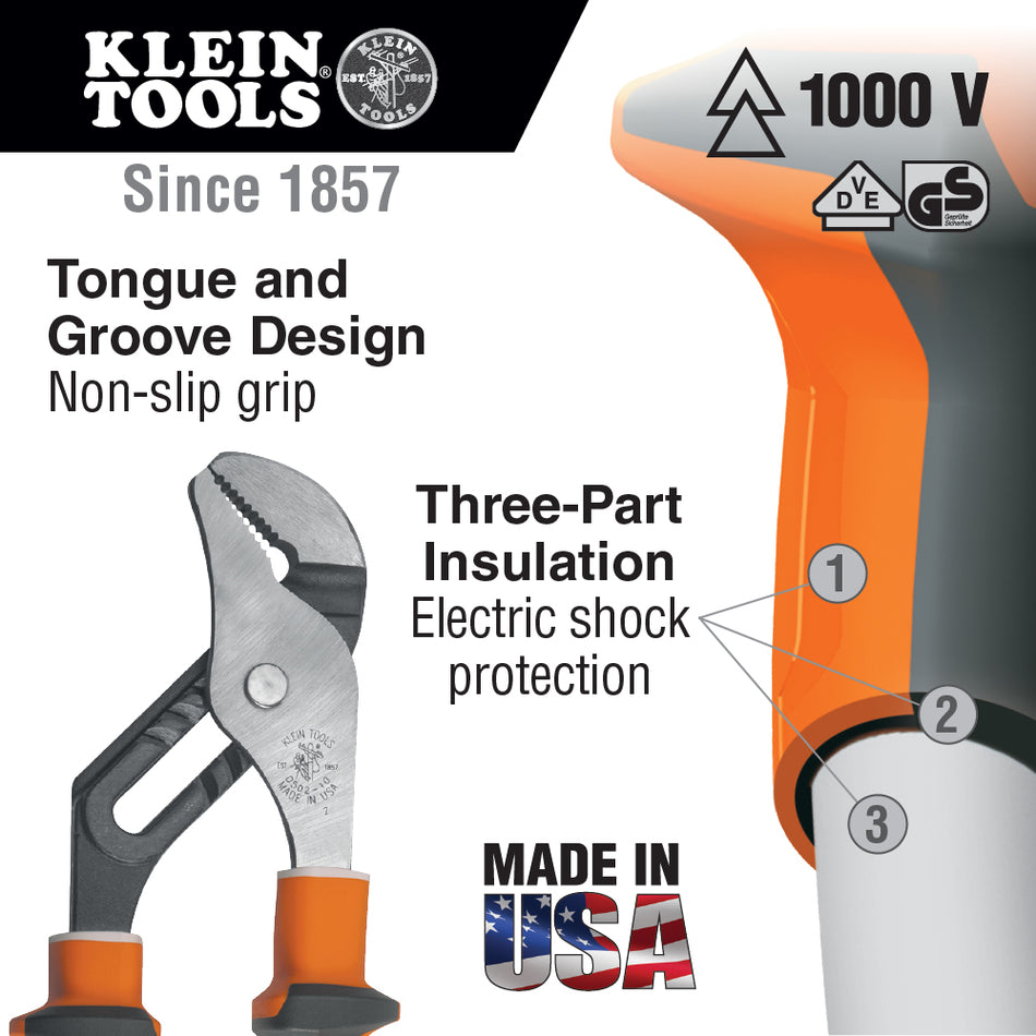 Klein Tools 50210EINS, Insulated Pump Pliers, Slim Handle, 10-Inch
