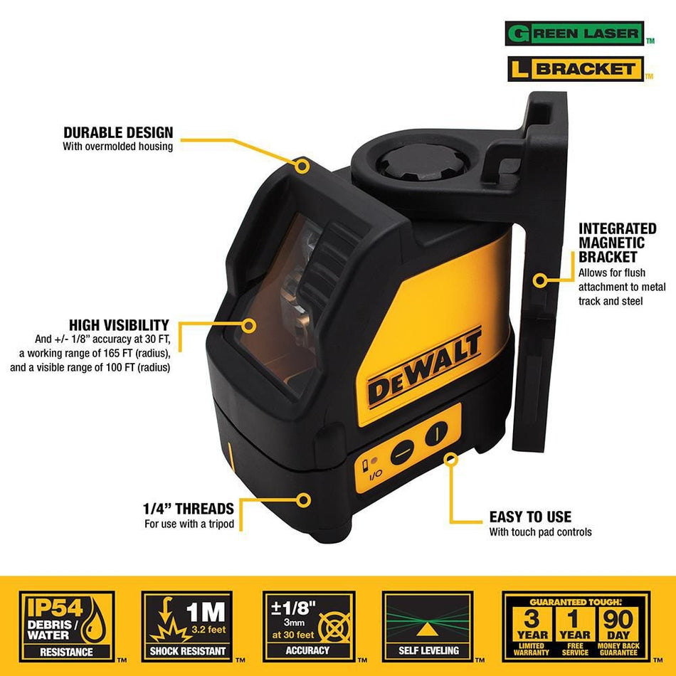 DEWALT DW088CG, 330 ft. Green Beam Self-Leveling Cross Line Laser Level with (3) AA Batteries & Case