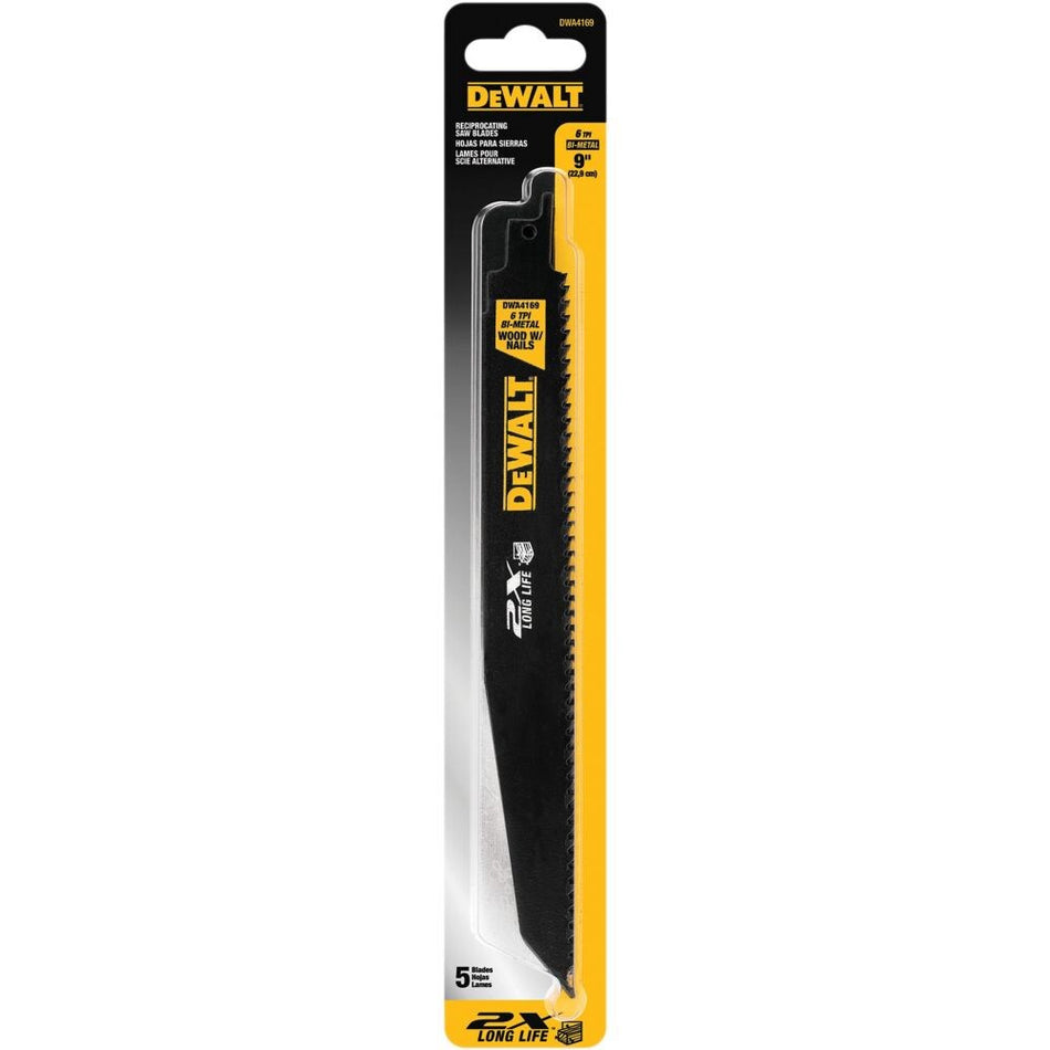 DEWALT DWA4169, 9'' 6TPI 2X Reciprocating Saw Blade (5/pkg)