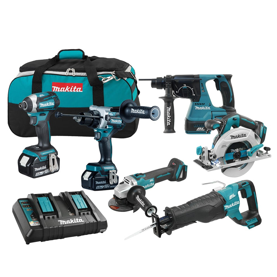 Makita DLX6109tx1, 18V LXT Brushless 6 Tool Combo Kit, 5.0Ah x2
