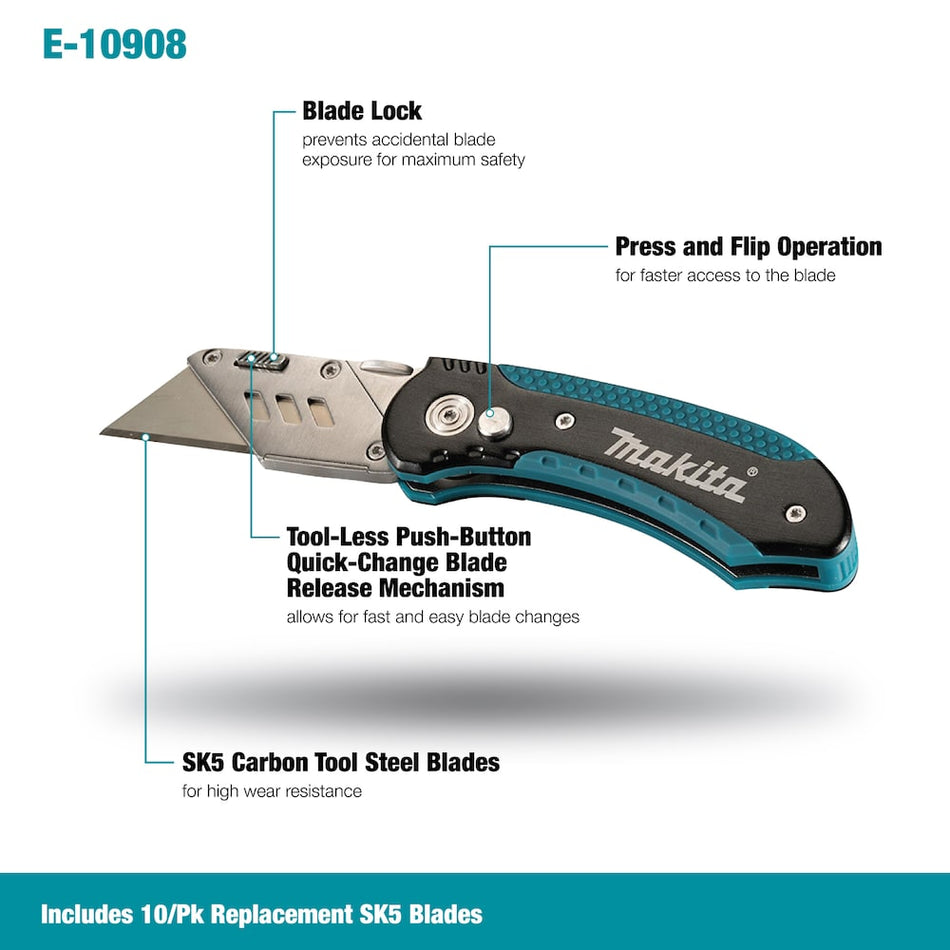 Makita E-10908, FASTBACK Folding Utility Knife w/ 10 Pc. Replacement Blades