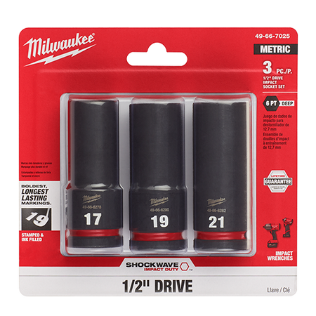 Milwaukee 49-66-7025, 1/2" Drive SHOCKWAVE Impact Duty Metric Deep 6 Point Socket Set - 3 Piece