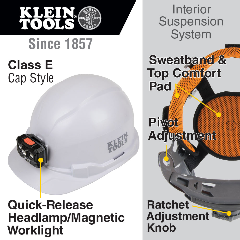 Klein Tools 60107RL, Hard Hat, Non-Vented, Cap Style with Rechargeable Headlamp, White