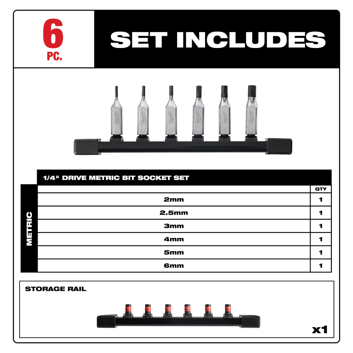 Milwaukee 48-22-9541, 6pc 1/4" Drive Hex Bit Socket Set - Metric