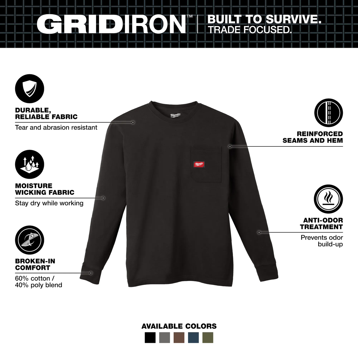 Milwaukee 606B-2X, GRIDIRON™ Pocket T-Shirt - Long Sleeve Black 2X