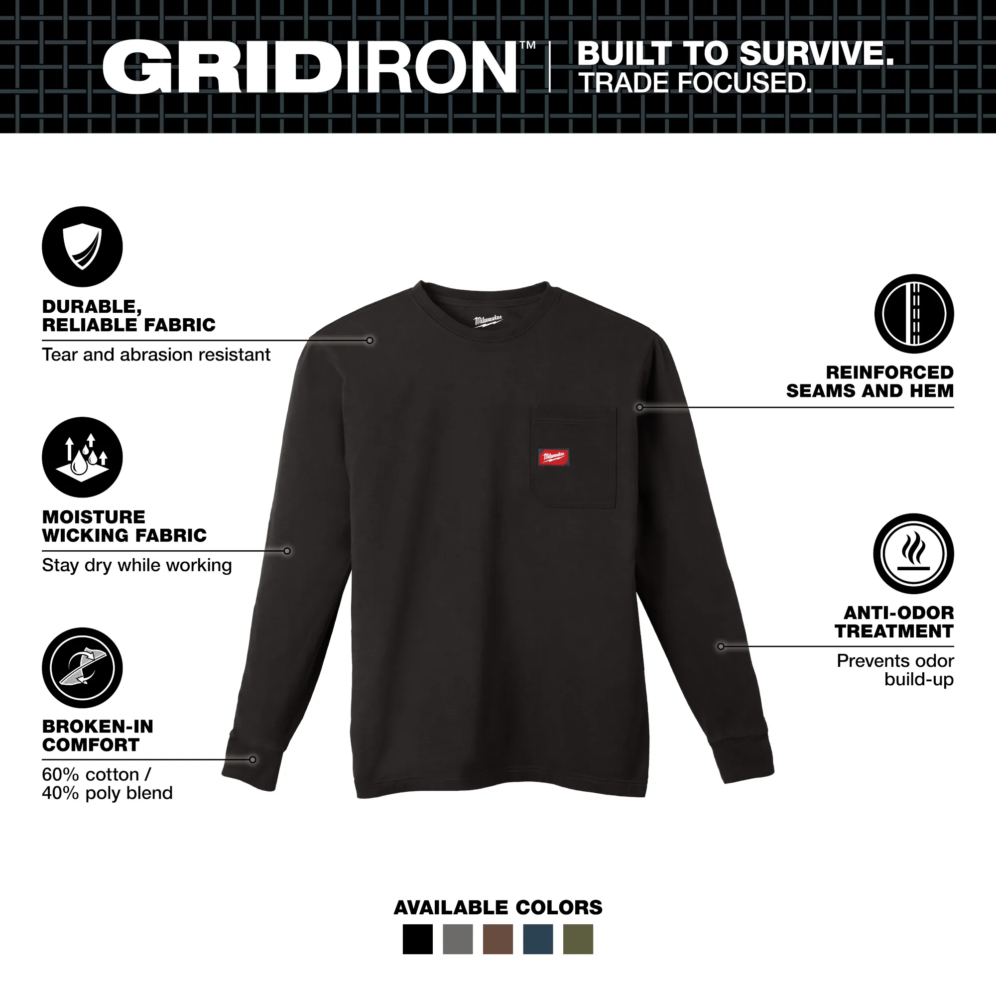 Milwaukee 606B-2X, GRIDIRON™ Pocket T-Shirt - Long Sleeve Black 2X