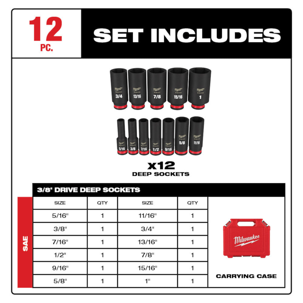 Milwaukee 49-66-7006, 3/8" Drive SHOCKWAVE Impact Duty SAE Deep 6 Point Socket Set - 12 Piece