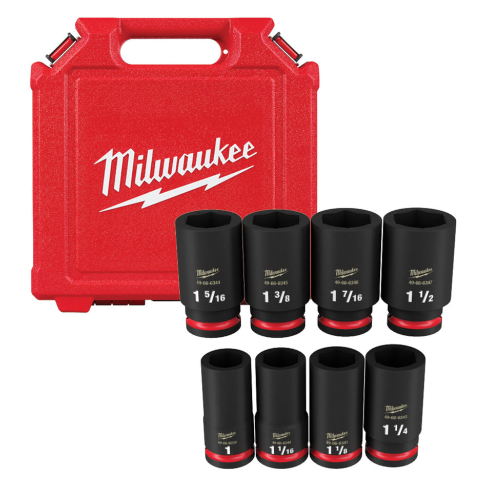 Milwaukee 49-66-7018, 3/4" Drive SHOCKWAVE Impact Duty SAE Deep 6 Point Socket Set - 8 Piece