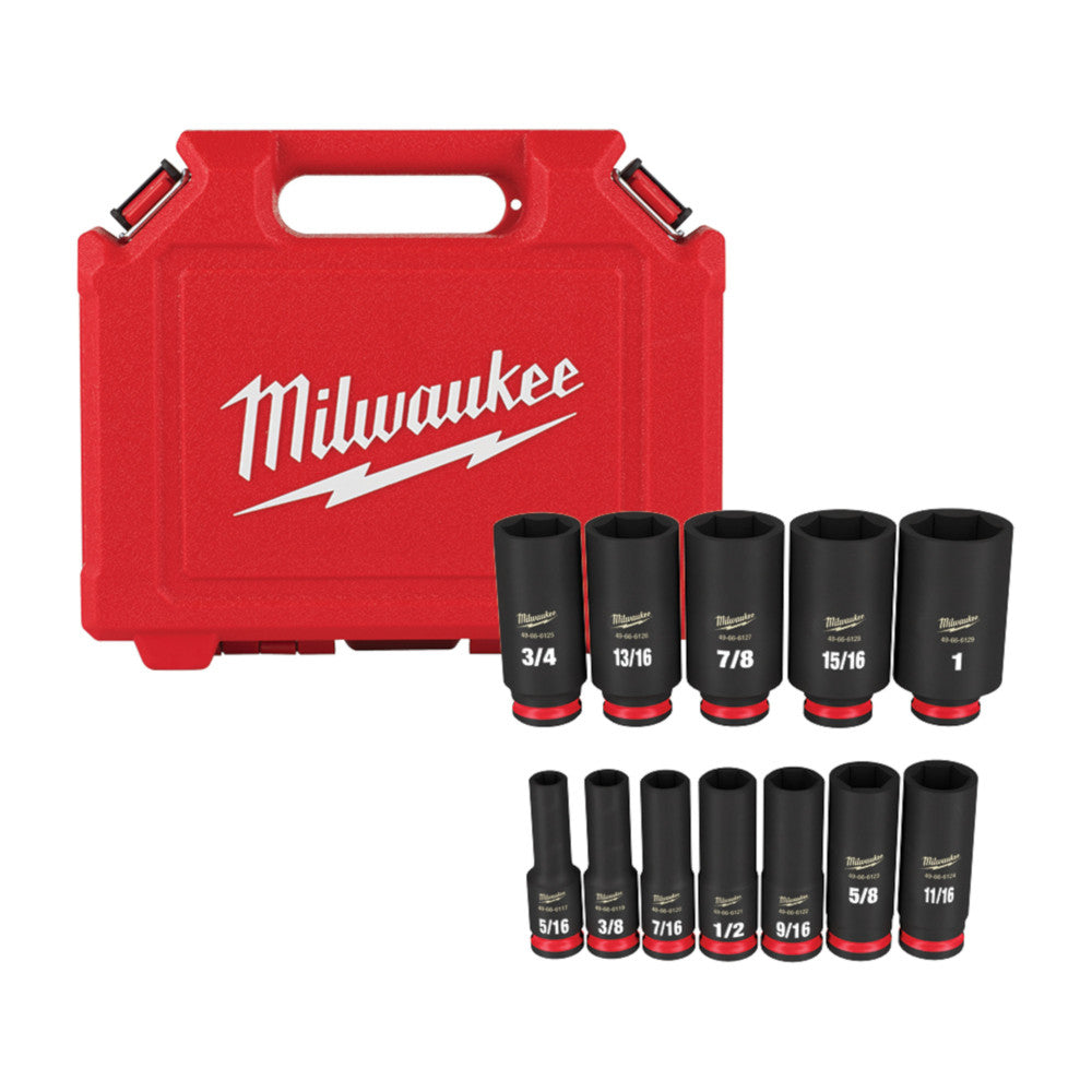 Milwaukee 49-66-7006, 3/8" Drive SHOCKWAVE Impact Duty SAE Deep 6 Point Socket Set - 12 Piece