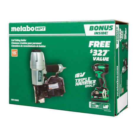Metabo HPT KNV65AH2, Pro Bundle 2-1/2 Inch Coil Siding Nailer with BONUS Impact Driver Kit