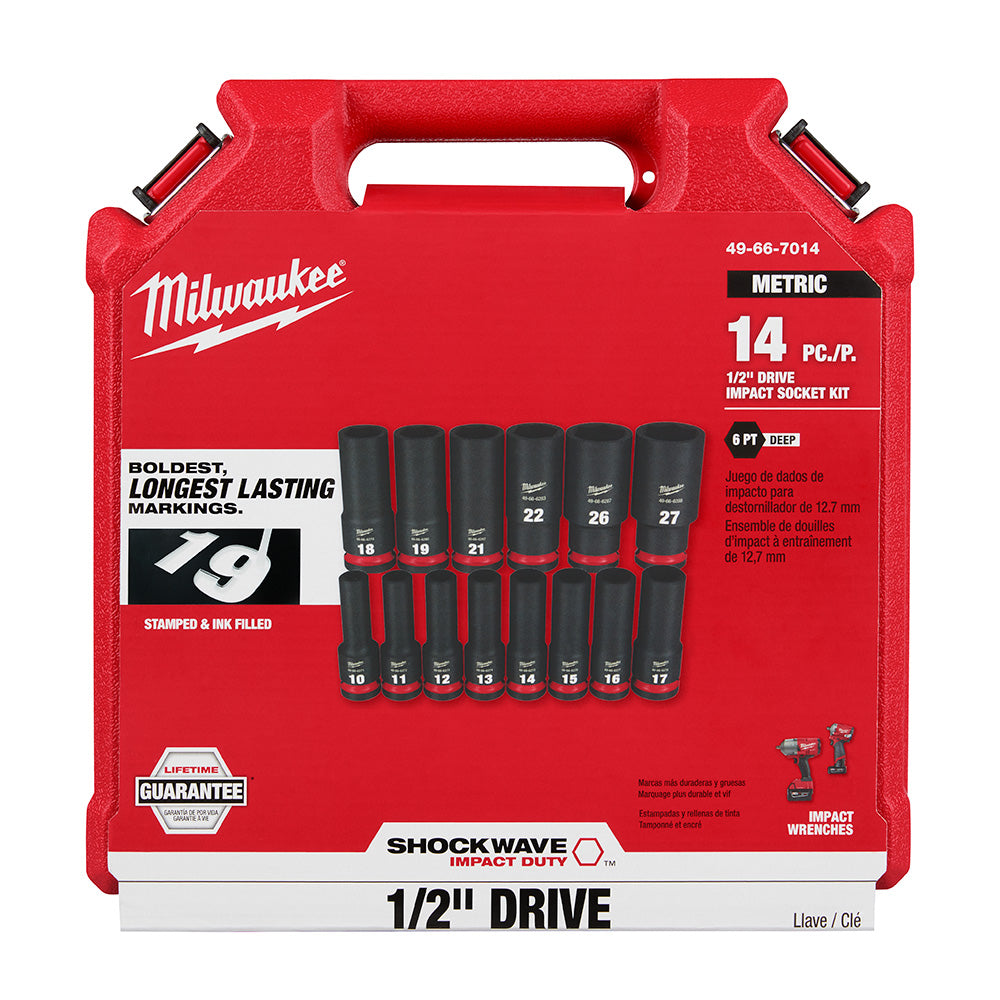 Milwaukee 49-66-7014, 1/2" Drive SHOCKWAVE Impact Duty Metric Deep 6 Point Socket Set - 14 Piece