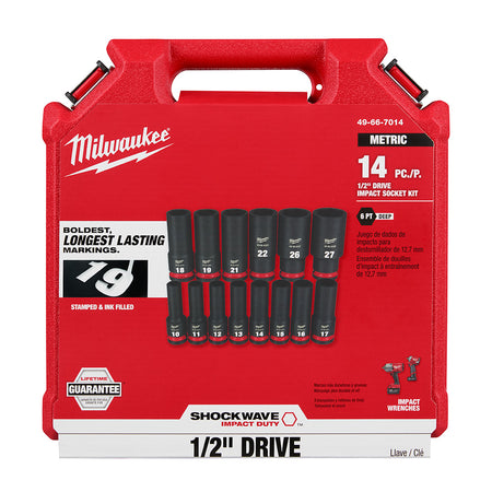 Milwaukee 49-66-7014, 1/2" Drive SHOCKWAVE Impact Duty Metric Deep 6 Point Socket Set - 14 Piece