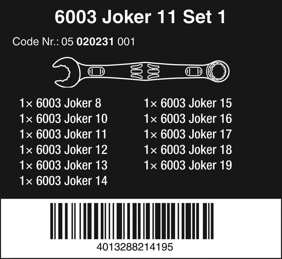 Wera 05020231001, 6003 JOKER 11 SET 1 COMBINATION WRENCH SET, 11 PIECES