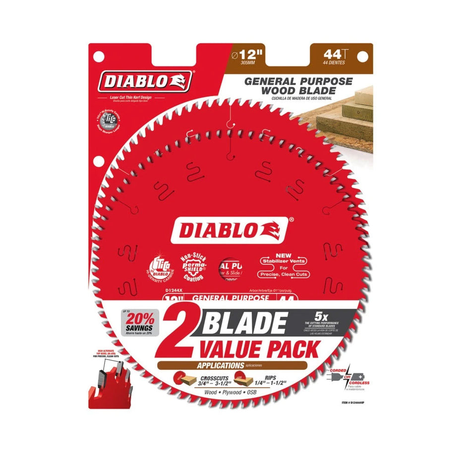 Diablo D124444VP, 12" X 44T General Purpose Blade (2 Pack)