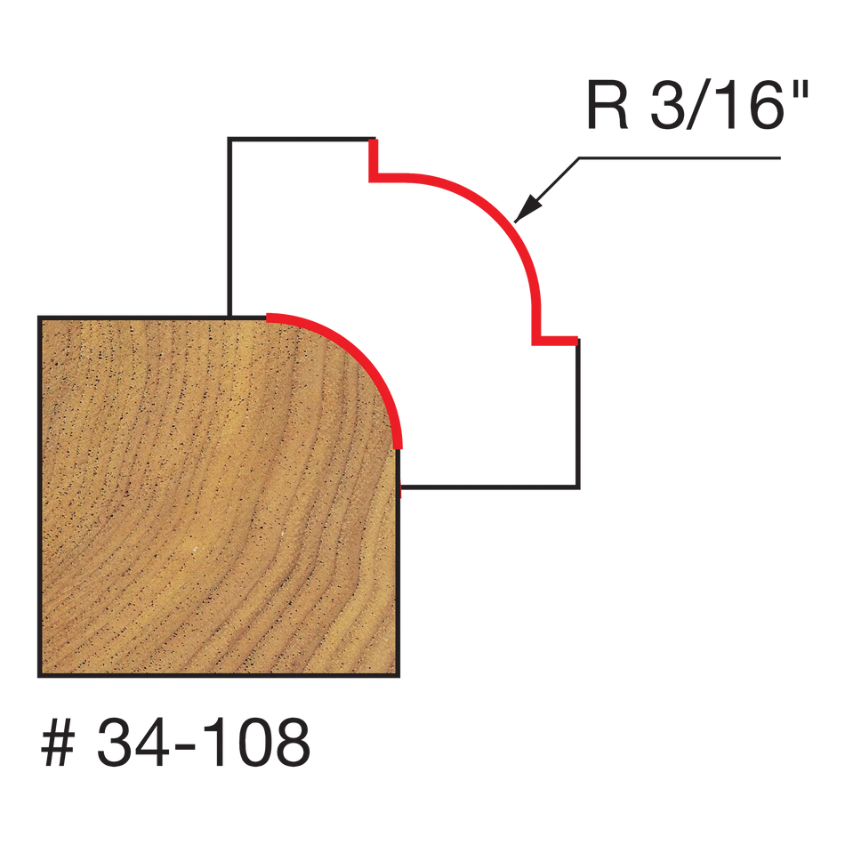 Freud 34-108, Carbide Router Bit - 7/8" x 2-3/16" Rounding Over Bit (3/16" Radius)