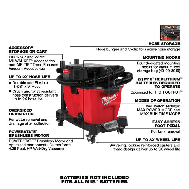 Milwaukee 0920-20, M18 FUEL™ 9 Gallon Dual-Battery Wet/Dry Vacuum