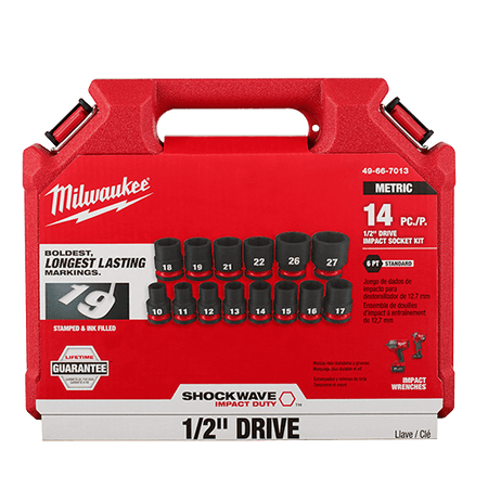 Milwaukee 49-66-7013, 1/2" Drive SHOCKWAVE Impact Duty Metric Standard 6 Point Socket Set - 14 Piece