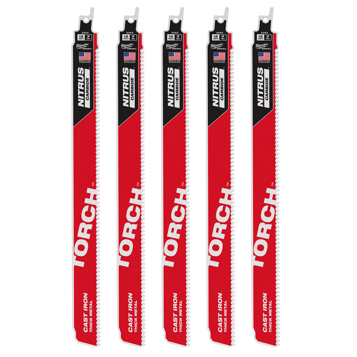 Milwaukee 48-00-5563, 12” 7TPI The TORCH with NITRUS Carbide for Cast Iron SAWZALL Blade (5/pkg)