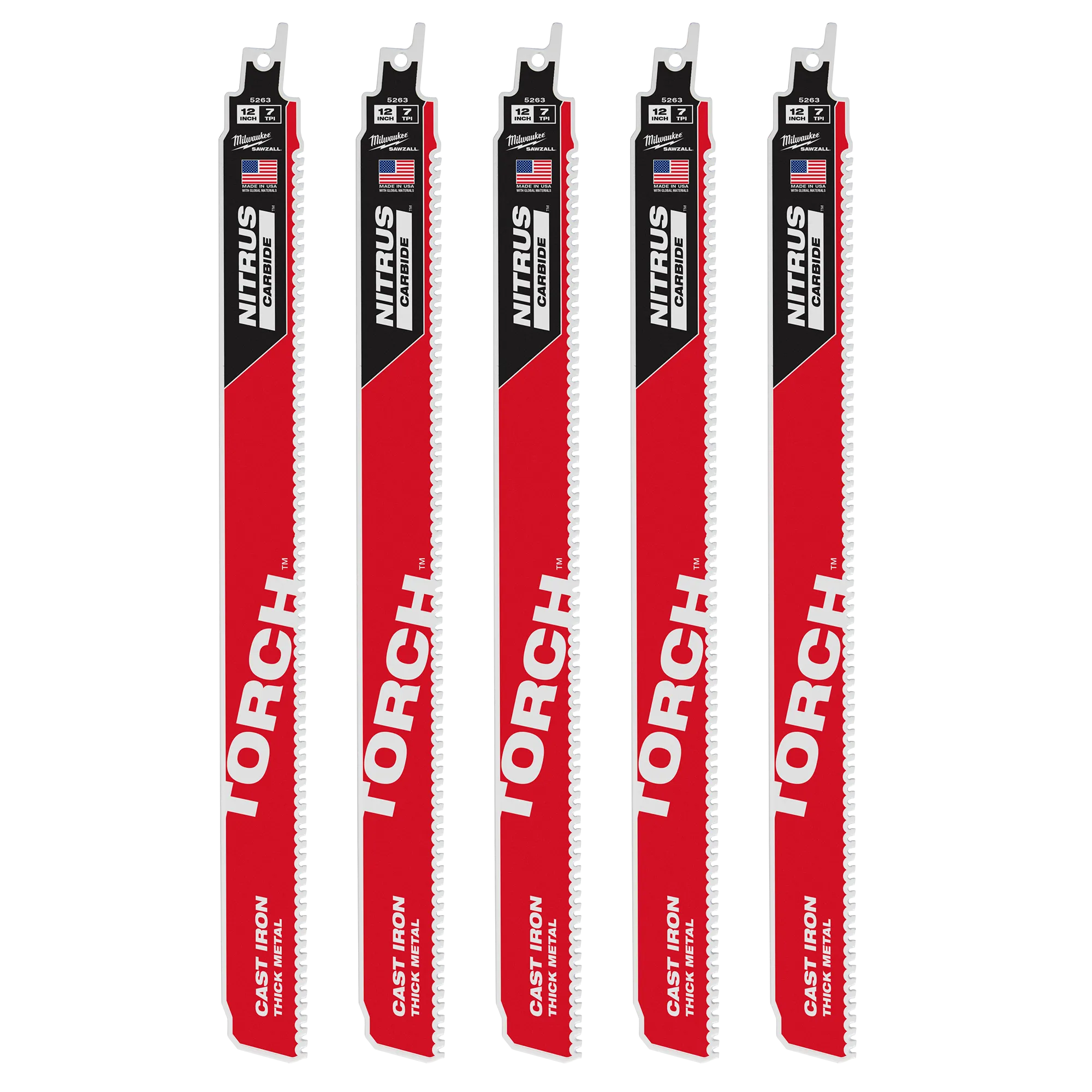 Milwaukee 48-00-5563, 12” 7TPI The TORCH with NITRUS Carbide for Cast Iron SAWZALL Blade (5/pkg)