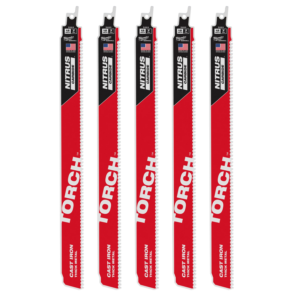 Milwaukee 48-00-5563, 12” 7TPI The TORCH with NITRUS Carbide for Cast Iron SAWZALL Blade (5/pkg)