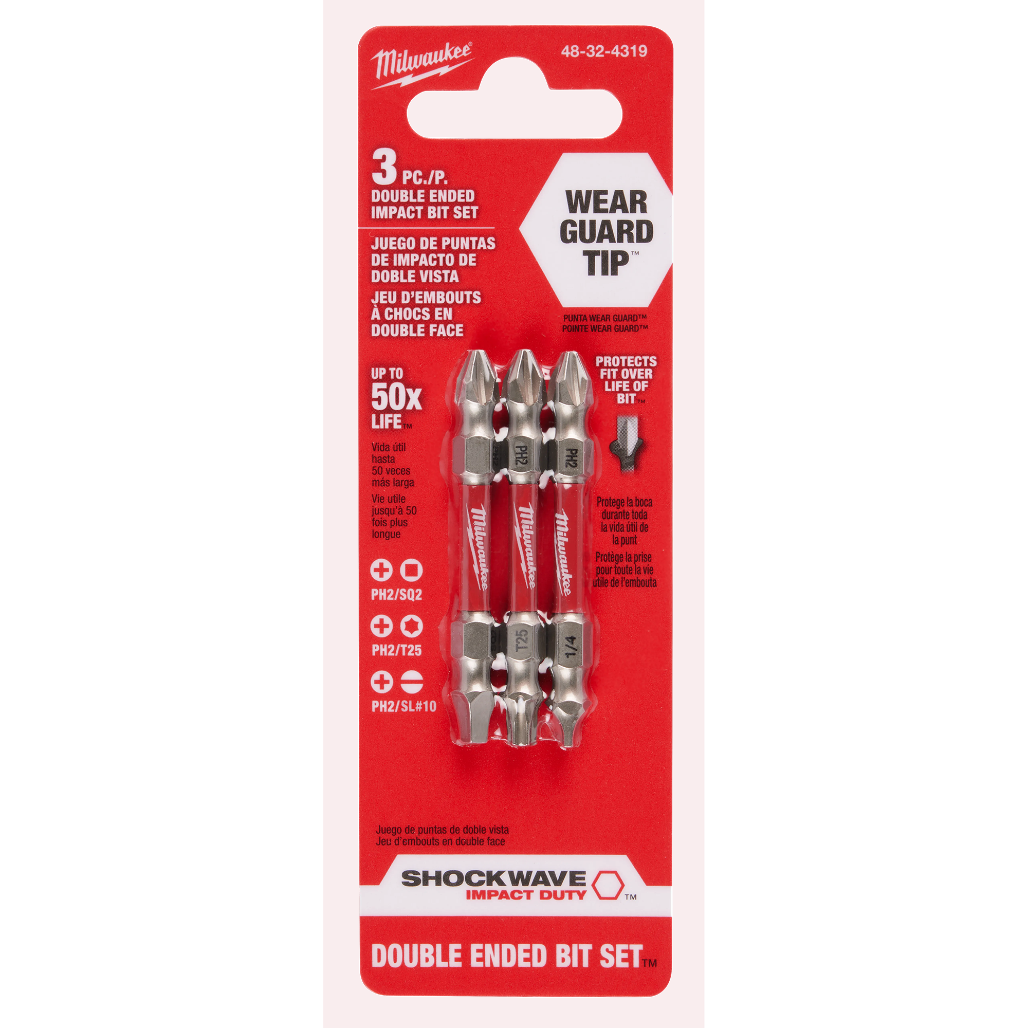 Milwaukee 48-32-4319, SHOCKWAVE Impact Duty™ PH2/SQ2/T25 Double Ended Bits 3PC