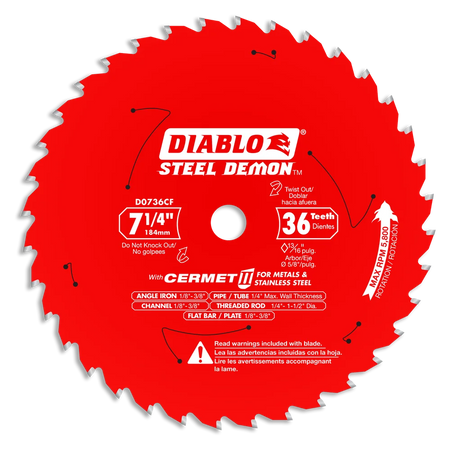 Diablo D0736CF, 7-1/4 in. x 36‑Tooth Steel Demon Cermet II Saw Blade for Metal & Stainless Steels