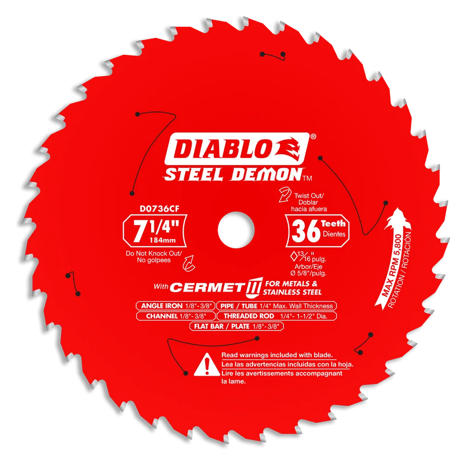 Diablo D0736CF, 7-1/4 in. x 36‑Tooth Steel Demon Cermet II Saw Blade for Metal & Stainless Steels