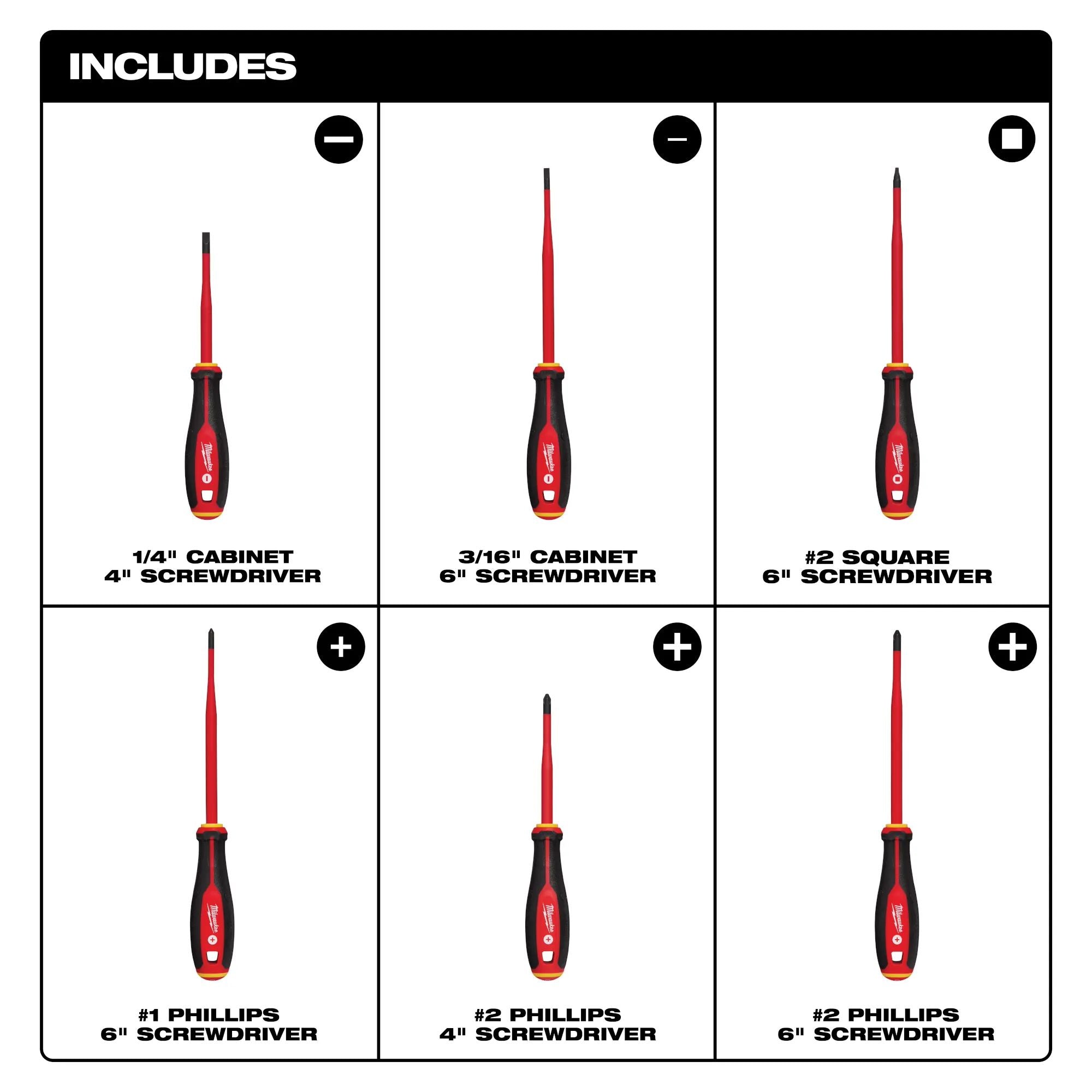 Milwaukee 48-22-2206, 6pc 1000V Insulated Slim Tip Screwdriver Set