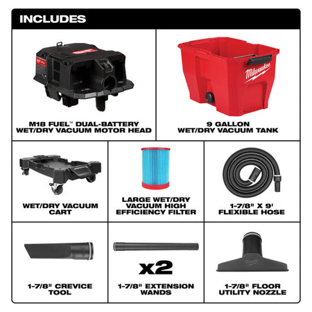 Milwaukee 0920-20, M18 FUEL™ 9 Gallon Dual-Battery Wet/Dry Vacuum