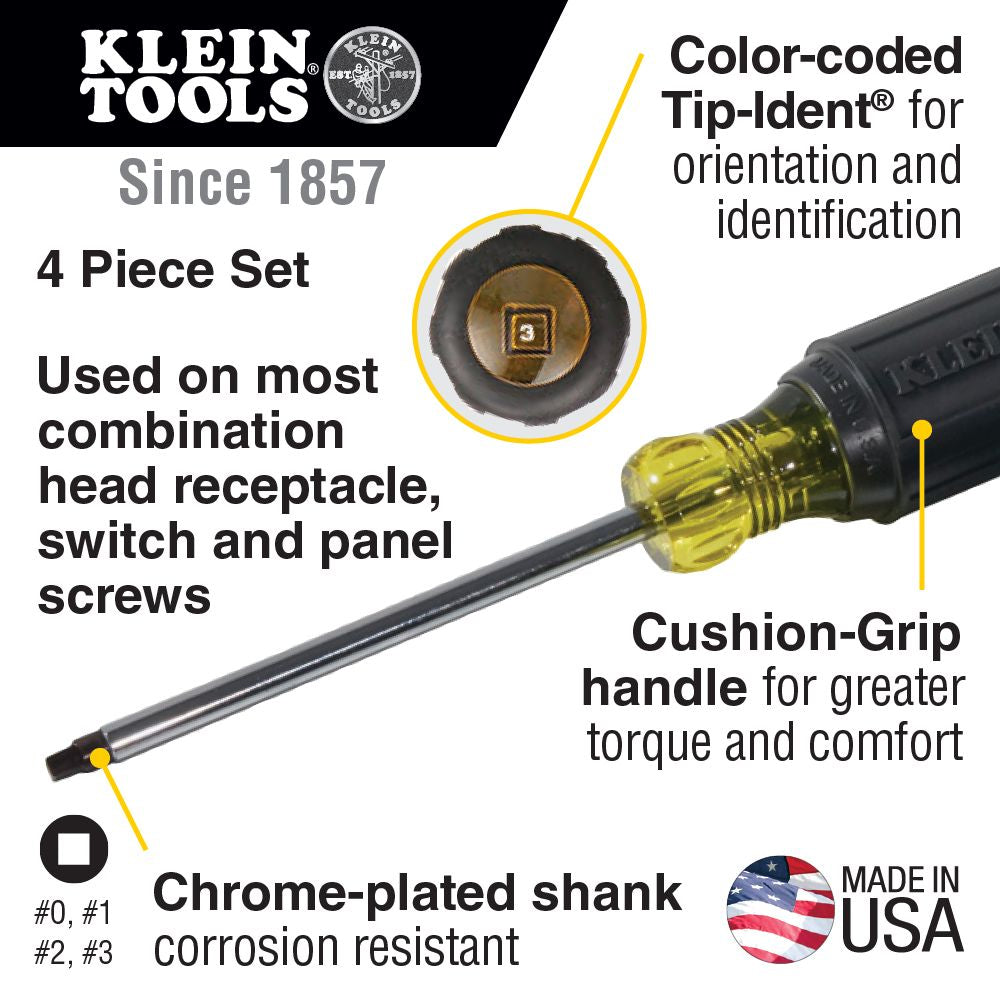 Klein Tools 85664, Screwdriver Set, Square Recess, 4-Piece