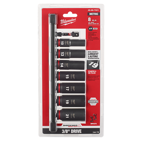 Milwaukee 49-66-7021, 3/8" Drive SHOCKWAVE Impact Duty Metric Deep 6 Point Socket Set - 8 Piece