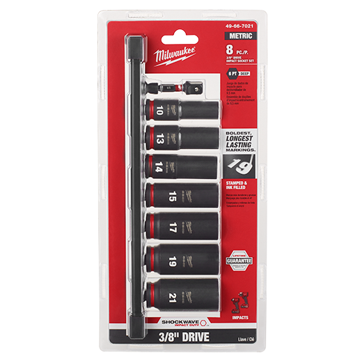 Milwaukee 49-66-7021, 3/8" Drive SHOCKWAVE Impact Duty Metric Deep 6 Point Socket Set - 8 Piece